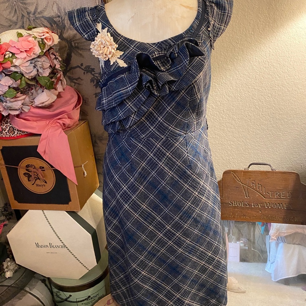 Floreat wool plaid dress w floral accents Euc